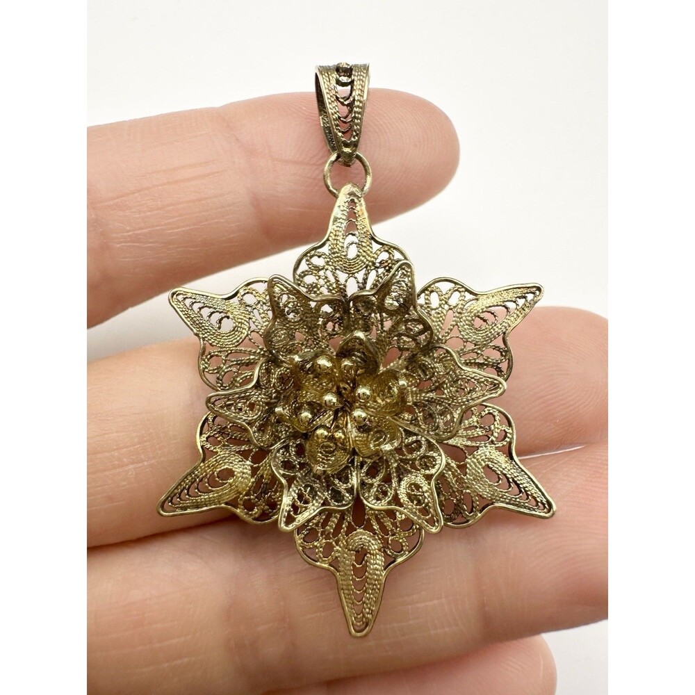 Vintage 925 Sterling Silver Gold Plated Filigree Flower Pendant